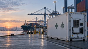 Refrigerated container marked with a medical cross and cannabis leaf at a commercial port, with a cargo ship and cranes in the background.