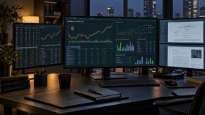 Cannabis-sector financial data, stock charts and SEC filings displayed across three monitors in an empty analyst’s office.