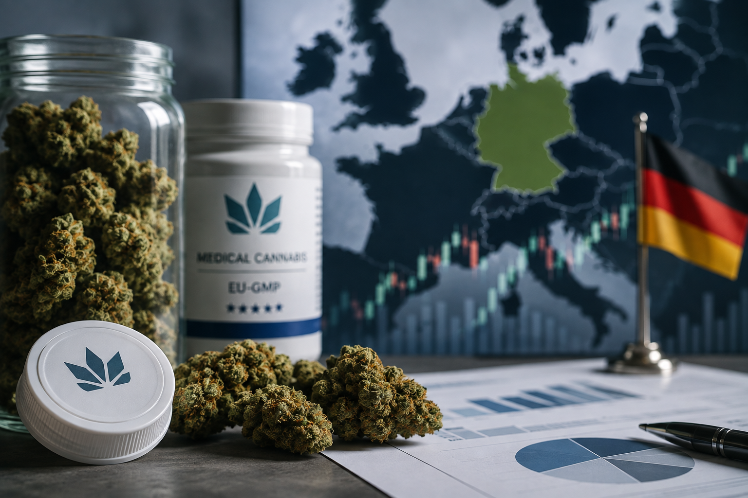 Medical cannabis flower and packaging displayed beside financial charts, with Germany highlighted on a map of Europe in the background.