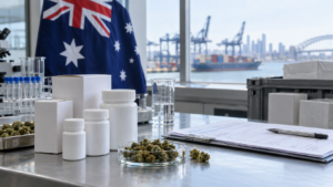Medical cannabis products beside an Australian flag at a shipping facility.