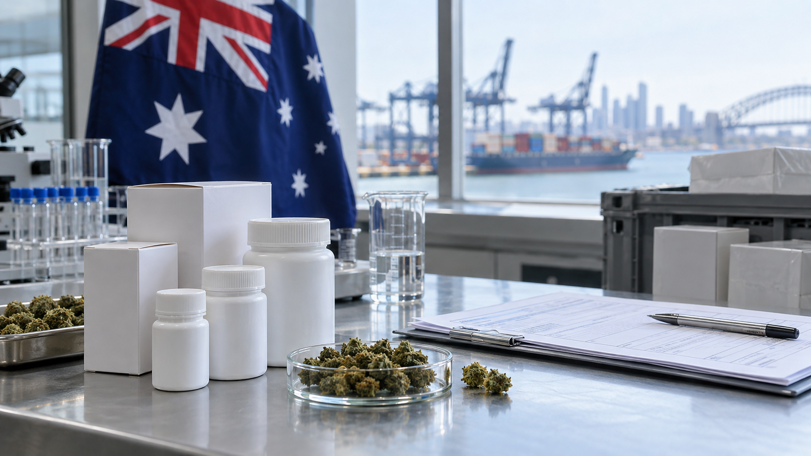 Medical cannabis products beside an Australian flag at a shipping facility.