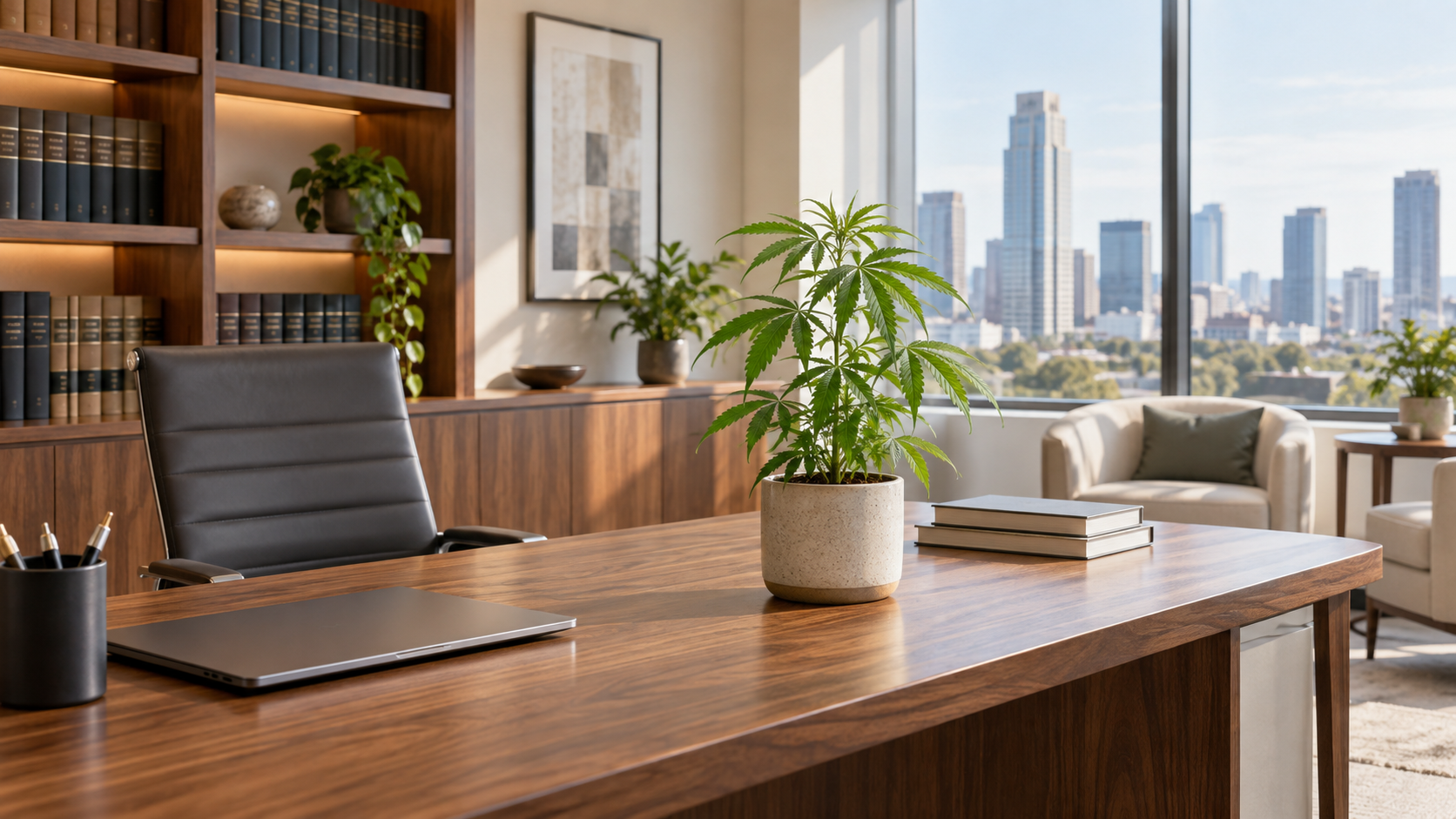 Potted hemp plant in a modern law firm office.