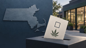 Illustration of a ballot with a cannabis leaf beside a map of Massachusetts, with a dispensary in the background.