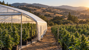 Rows of cannabis plants grow beside a greenhouse in a rural landscape with dry hills in the background.