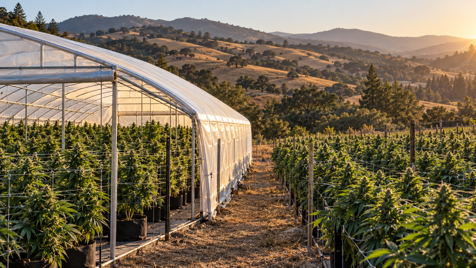 Rows of cannabis plants grow beside a greenhouse in a rural landscape with dry hills in the background.