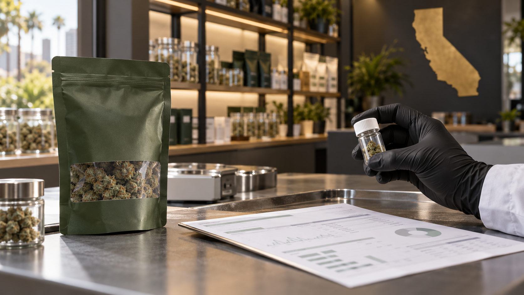 A gloved hand holds a cannabis sample vial beside a packaged product and a laboratory