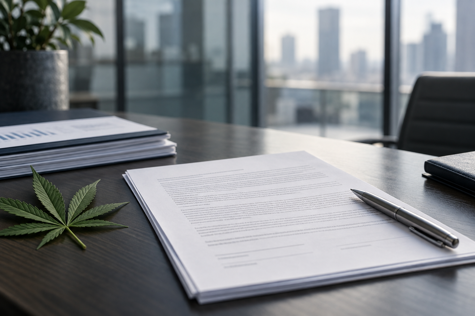 Cannabis leaf beside documents and a pen on an office desk.
