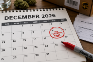 December 11, 2026, circled in red on a calendar beside a Sharpie marker, illustrating the federal hemp THC deadline and new UPS shipping rules.