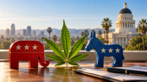 Red Republican elephant and blue Democratic donkey flank a green cannabis leaf, symbolizing bipartisan cannabis policy discussions in California.