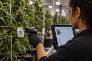 Cannabis worker scans a tagged plant in an indoor cultivation facility.