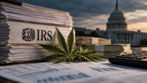 Cannabis leaf surrounded by IRS tax documents, stacks of cash and financial records, with the U.S. Capitol in the background, illustrating Section 280E tax liabilities and cannabis financing risks.