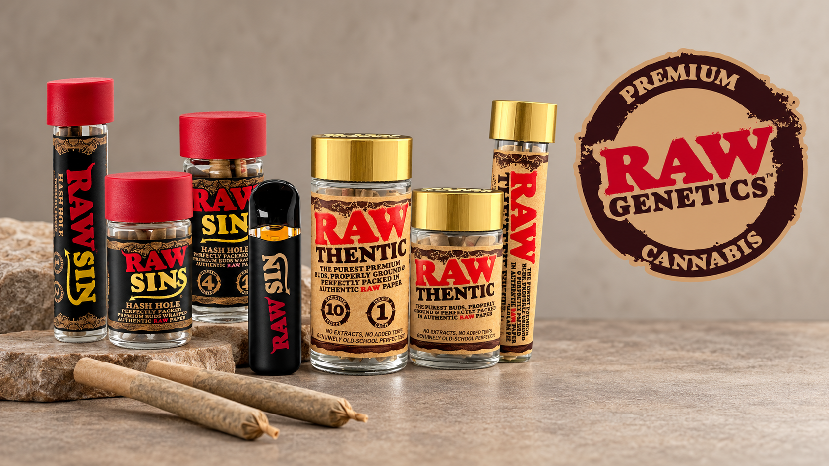 RAWthentic and RAWsin containers, a vape and two pre-rolls beside the RAW Genetics logo.