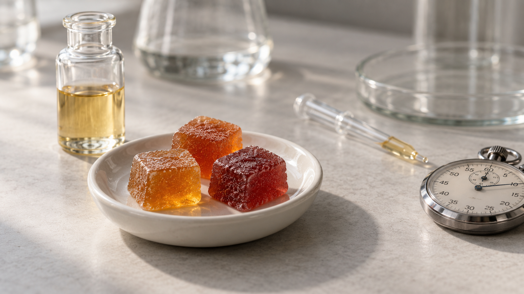 Three gummies on a dish beside a glass vial, pipette and stopwatch.