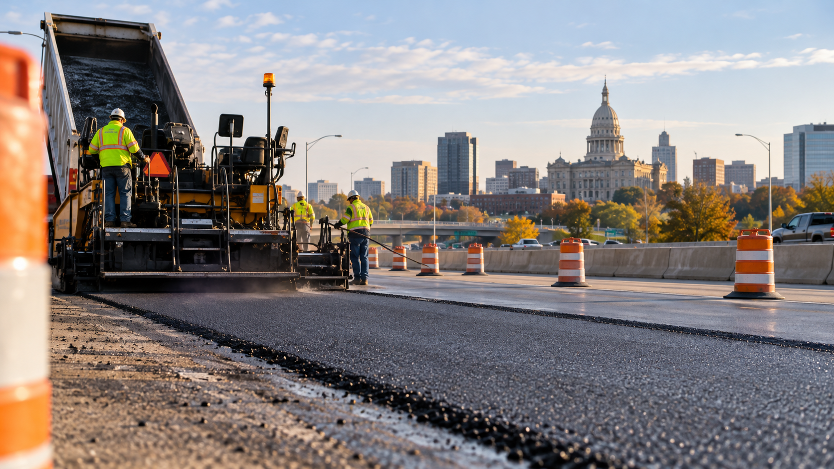 AI-generated illustration of highway resurfacing crews and construction equipment with a Michigan-inspired state capitol in the background.